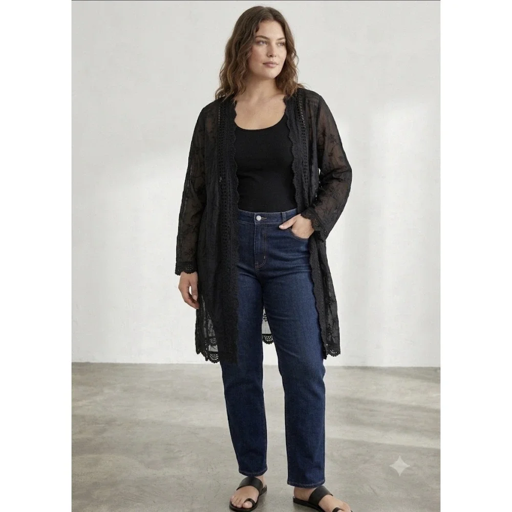 Solitaire Black Open Front Embroidered Eyelet Crochet Duster Cardigan Size 3X